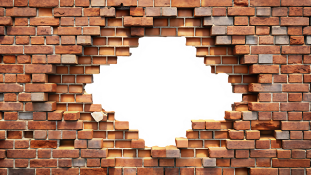Rough textured red brick wall with a large irregular hole revealing black and blue colors isolated on a transparent background