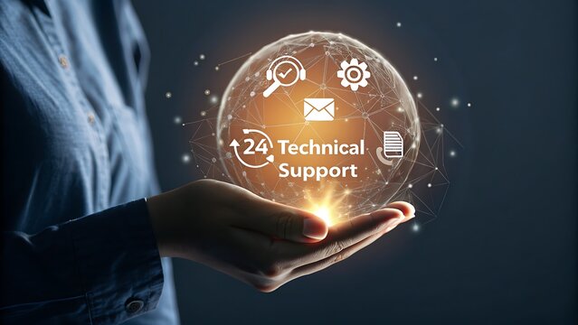 Photo of person holding a glowing globe with 24 technical support text and icons