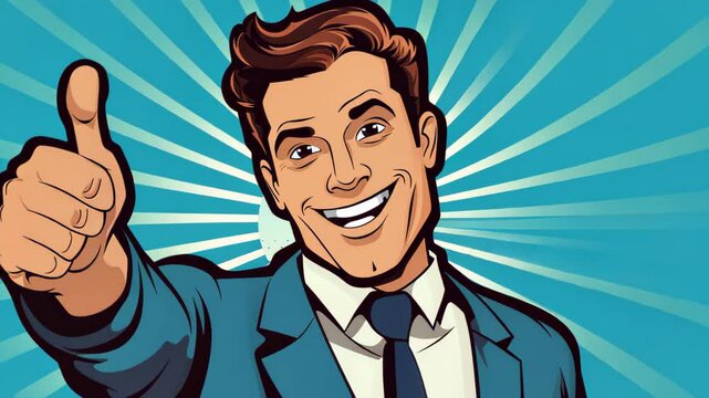 Thumbs Up of Approval: A stylized, animated man in a suit, giving a confident "thumbs up," his beaming smile reflecting a positive, can-do attitude and overall approval. 