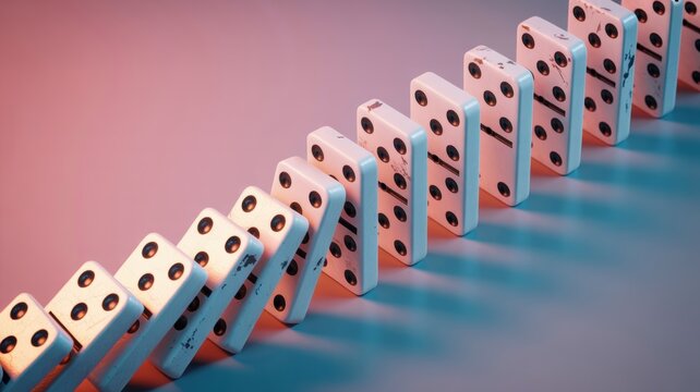 Falling dominoes sequence with soft pink and blue lighting captured mid-motion