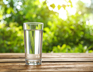 Glass of Water on Wooden Table with Green Bokeh Background