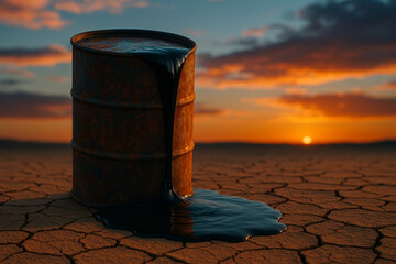 Naklejka premium Leaking Rusty Oil Drum Spilling Crude onto Cracked Desert Ground.