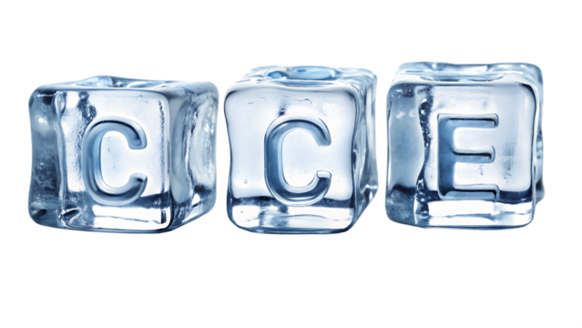 Three clear ice cubes with letters C E carved into them arranged horizontally isolated on a transparent background - Powered by Adobe