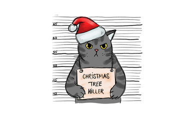 Christmas Cat Mugshot with Tree Killer Sign Funny Holiday Art Christmas Sublimation design