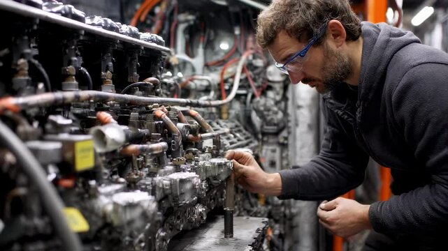 Skilled mechanic wearing safety glasses meticulously working on a large, intricate engine, demonstrating expertise and precision in a busy repair shop environment