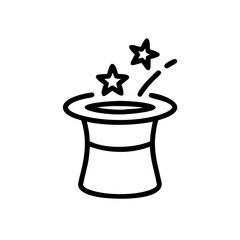 Vector illustration of a magician's hat with sparkling stars and magic effects in a whimsical style on a white background with copy space