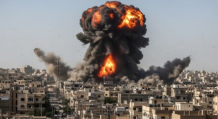 Massive explosion in urban area with flames and black smoke rising. Powerful image of war, destruction, and civilian danger during modern conflict.