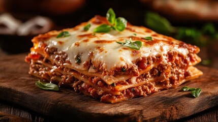A beautifully crafted lasagna showcases layers of rich meat and cheese, garnished with herbs. The dish exudes warmth and comfort, inviting indulgence and satisfaction.