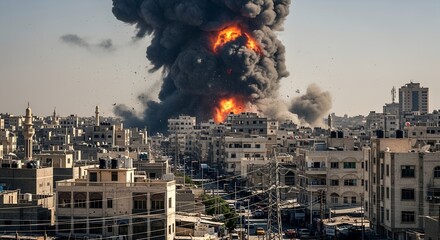 Massive explosion in urban area with flames and black smoke rising. Powerful image of war, destruction, and civilian danger during modern conflict.
