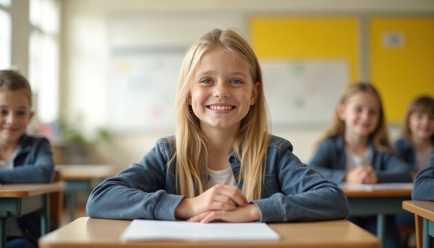 Portrait of smiling blond girl at school. Girl sits at desk with notebook and other pupils. Happy child with long fair hair looks at camera smiling widely. School class with children.