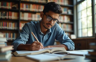 Focused Indian student takes notes in book studying in library. Learner wears spectacles, shirt, surrounded by textbooks. Concentrated academic writes research, works hard. Diligent pupil learns.