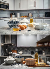 Two variations of modern kitchen cooking. Preparing to bake blueberry cake, sponge cake with utensils and ingredients. Realistic style.