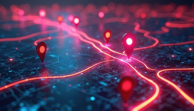 Futuristic digital city map glowing neon path with location markers. Modern tech illustration, global positioning system, journey concept, travel way. Digital world, cyberspace, network connection,