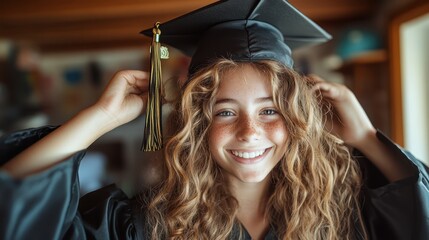 A joyful young graduate smiles brightly while adjusting her cap, embodying the pride and excitement of this significant moment in her academic journey and future ahead.