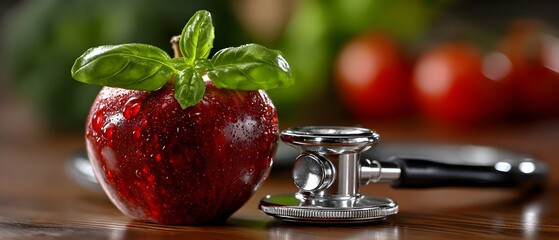 Fresh apple and stethoscope on a wooden surface