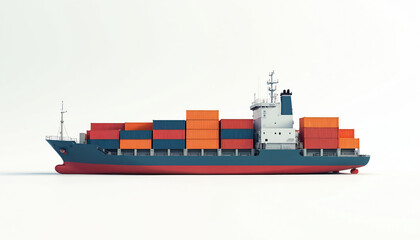 Illustration depicts a container ship. Maritime transport freighter carries cargo containers, boxes for export import, business, commercial. Global logistics delivery.
