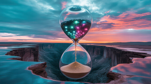 Surreal hourglass with glowing stars and flowing sand over a vibrant canyon sunset.
