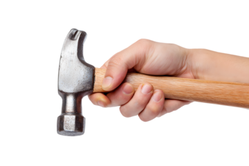 A hand grips a claw hammer against a black background showcasing its metallic head and wooden handle ideal for construction DIY and tool concepts
