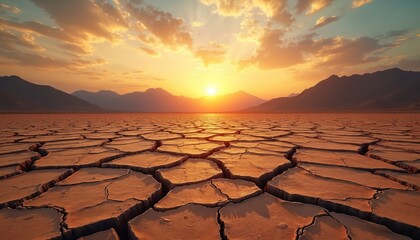 Dry cracked desert landscape at sunset. Concept of drought, global warming, climate change, environment. Parched land with cracked earth texture. Arid, barren, desolate ground with sun, sky,