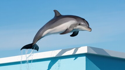 Playful dolphin leaping over pool in clear blue sky
