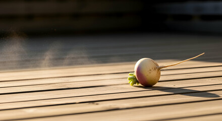 Fresh Turnip On Wooden Table With Evaporation In Morning Light