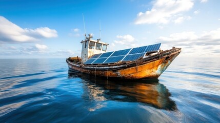Fototapeta premium An old fishing boat equipped with solar panels floats serenely on a calm ocean, highlighting innovation and sustainability in marine environments and energy sources.