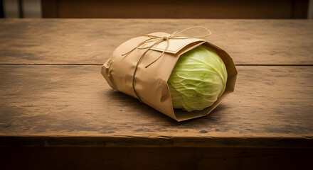 Fresh Cabbage Head Wrapped in Paper on Rustic Wooden Table Still Life