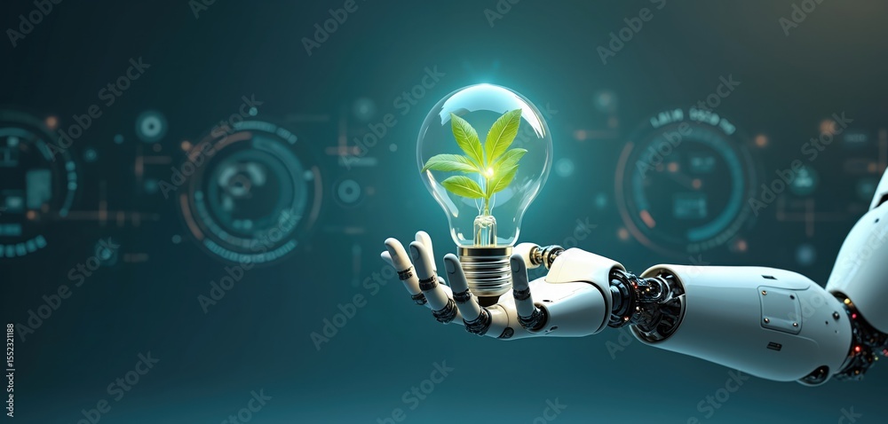 Poster robotic arm holds light bulb with green plant inside. eco-friendly technology concept. sustainable e