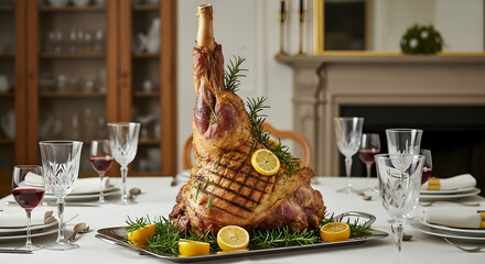 Celebratory Leg Of Lamb Feast With Rosemary And Lemon In An Elegant Setting