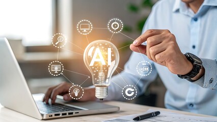 Photo of man holding a lightbulb with ai symbol, working on laptop, innovative concept