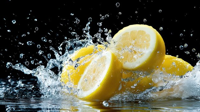 Lemons burst into water, creating a spectacular splash against a dark backdrop, highlighting vibrant colors and refreshing sensations that evoke feelings of zest and vitality.