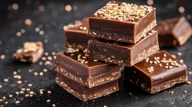 A mouthwatering arrangement of chocolate squares adorned with sesame seeds, set against a dramatic black background, creating a visually appealing and delectable presentation.
