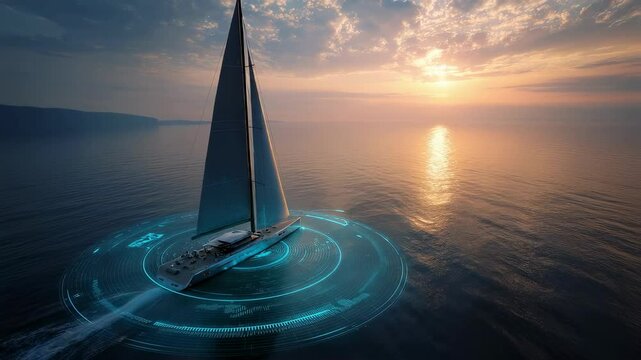 A sleek modern vessel sailing at sunset with its navigation system projecting augmented reality overlays of hazards and navigational aids onto the waters surface merging the physical