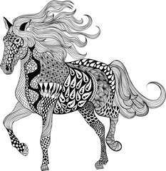 Artistic Horse with Decorative Elements: An enchanting illustration showcases a majestic horse adorned with intricate, decorative patterns and flowing mane, creating a unique visual composition.