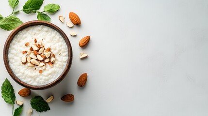 This visually appealing bowl of creamy porridge garnished with nuts and mint leaves highlights the importance of healthy breakfast options and the nourishing start to the day.