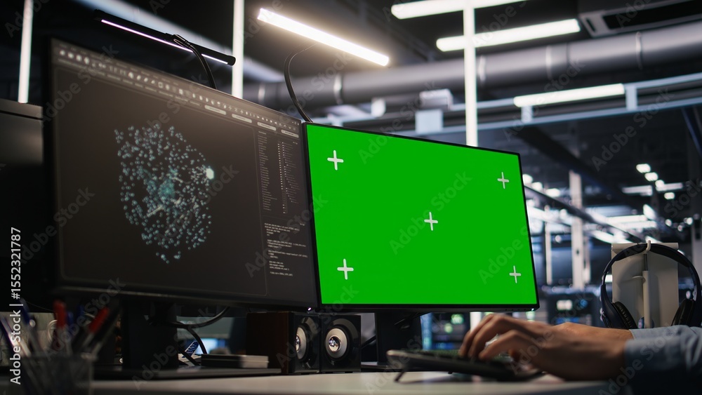 Poster close up of data center technician using green screen pc to monitor neural network ai. server room w