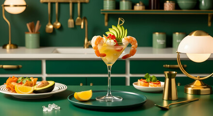 Elegant Shrimp Cocktail Presentation In A Refined Kitchen Setting