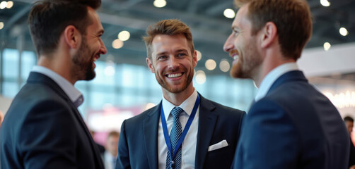 Three business professionals in suits at trade fair. They are laughing, talking, wearing staff lanyards. Corporate networking, casual communication and collaboration is going on in a business meeting.