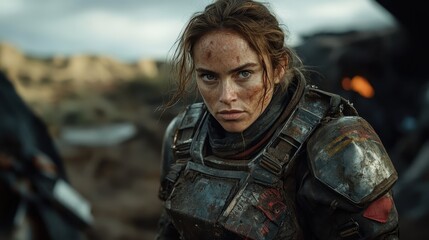 Obraz premium A fierce woman stands against a barren landscape in battle armor, showcasing strength and determination amidst chaos, symbolizing resilience and the fight for survival.