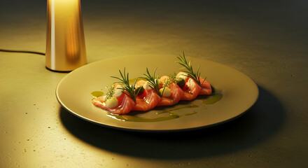 Elegant Presentation Of Fresh Salmon Carpaccio With Herb Garnish Served On Plate