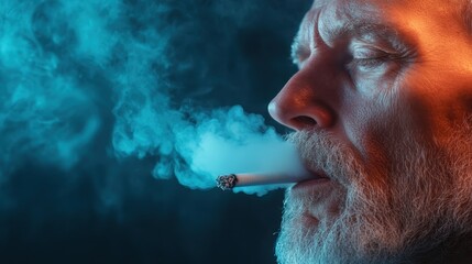 Fototapeta premium A mature man exhales smoke in a dramatic setting, showcasing the interplay of light and shadow, enhancing the contemplative mood and reflecting on personal habits and lifestyle choices.