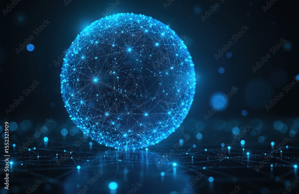 Poster futuristic digital art concept showing globe of connected dots lines. bright glowing particles form 