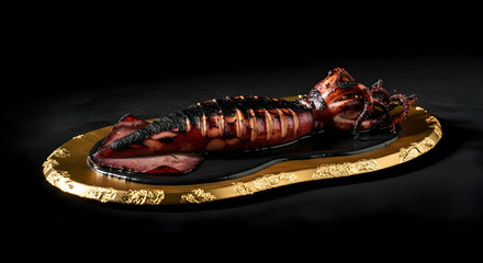 Grilled Squid Displayed Elegantly On A Golden Platter Against Black Backdrop