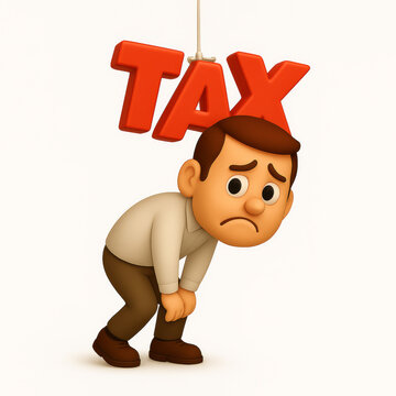 Cartoon man sad under tax burden isolated on white background