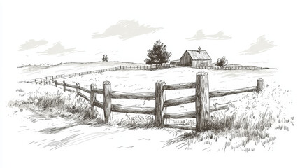 Hand-drawn farm landscape with wooden fence, vintage rustic style, sketch on white background.