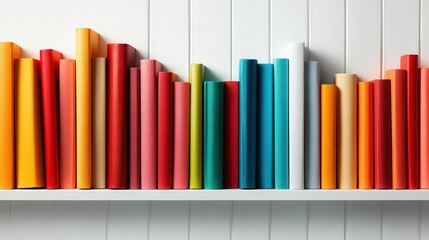 Obraz premium An array of vibrant colored books lined up perfectly on a white shelf, showcasing the joy of reading and the beauty of literature in an organized space.