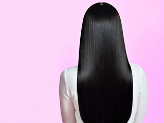 Young woman with long, jet-black, silky hair flowing down her back, simple shirt, pastel lavender background.