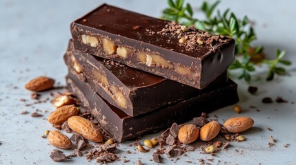 Stacks of rich dark chocolate bars filled with nuts display a tempting treat that promises a delightful experience for chocolate lovers and dessert enthusiasts alike.
