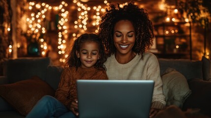 A joyful mother and daughter sit side by side, engaging in a cozy evening together while looking at a laptop, radiating warmth, love, and connection in their intimacy.