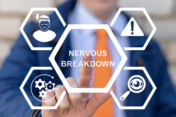 Exhausted businessman using virtual touch screen presses the inscription: NERVOUS BREAKDOWN. Nervous breakdown concept. Tired emotional person struggle with stress and overwork.
